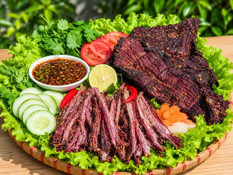 Thịt trâu gác bếp thơm khói, dai ngọt và thường được xé sợi khi ăn.