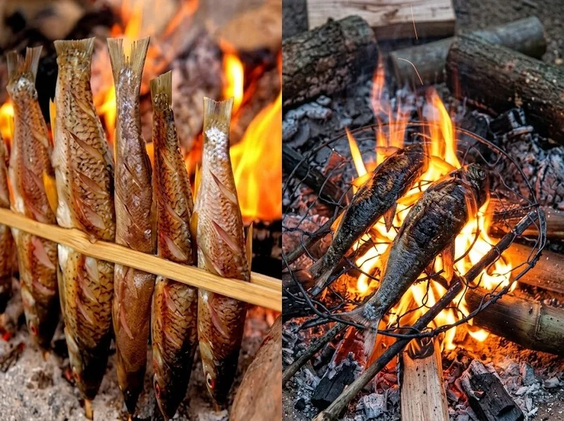 Cá suối nướng than thơm ngọt, thường ăn cùng cơm lam và chẩm chéo.