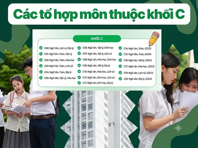 Các tổ hợp C00, C03, C04 và C14 kết hợp những môn xét tuyển khác nhau.